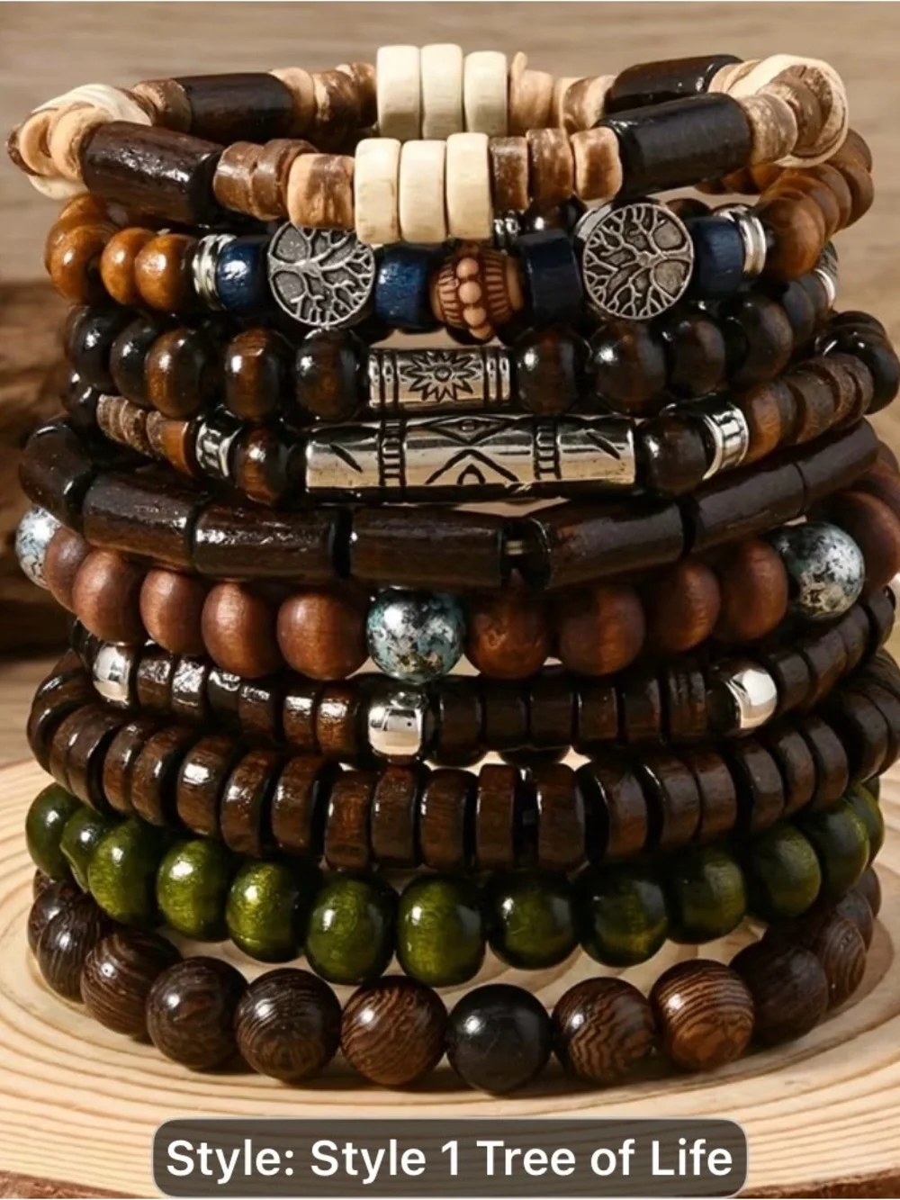 10 PCS men stackable layeredBohemian Stackable Wood Bead Bracelets - Earth Tones